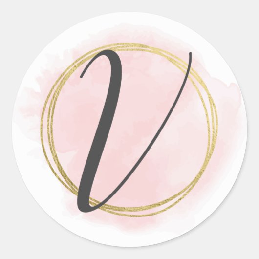 Sticker Rond Monogramme lettre V rose blush aquarelle or chic (Devant)