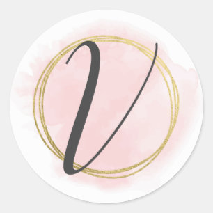 Sticker Rond Monogramme Lettre V Rose Pâle Aquarelle Or Chic