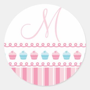 Sticker Rond Monogramme M Cupcakes Pinstripes Bleu rose