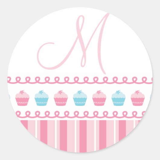 Sticker Rond Monogramme M Cupcakes Pinstripes Bleu rose (Devant)