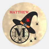 Sticker Rond Monogramme M Halloween Sky Witch Nom des araignées (Devant)