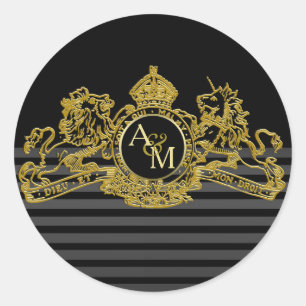 Sticker Rond Monogramme majestueux d'emblème d'or de licorne