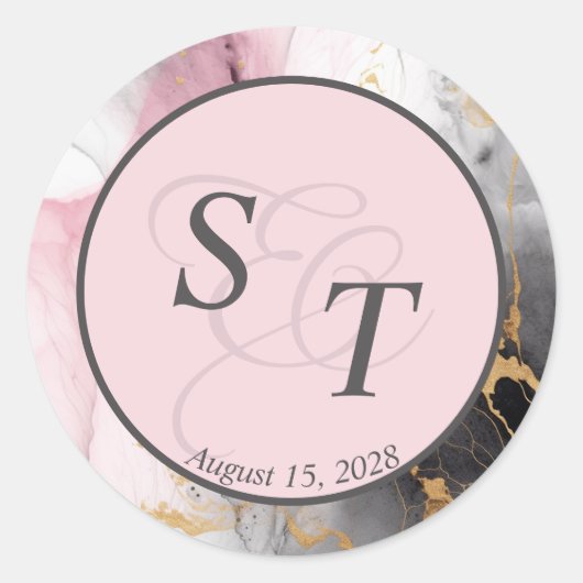 Sticker Rond Monogramme marbré Dusty Rose Black Gold Abstrait (Devant)