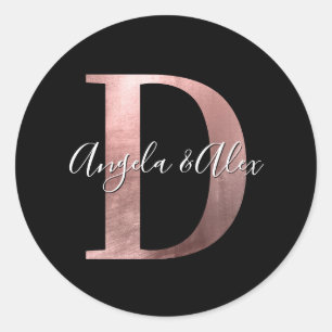 Sticker Rond Monogramme Mariage Classique Rose Or Feuille D Noi