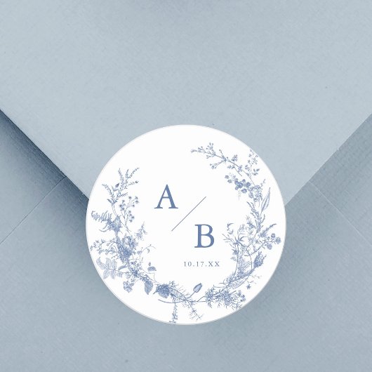 Sticker Rond Monogramme Mariage classique victorien bleu