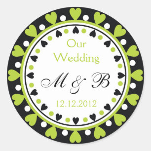 Sticker Rond Monogramme mariage - Coeurs verts feuille
