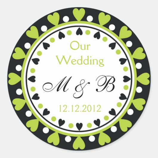 Sticker Rond Monogramme mariage - Coeurs verts feuille (Devant)
