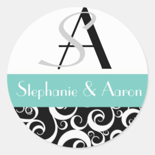Sticker Rond Monogramme mariage damassé en noir et blanc