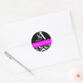 Sticker Rond Monogramme mariage damassé en noir et Fuchsia (Enveloppe)