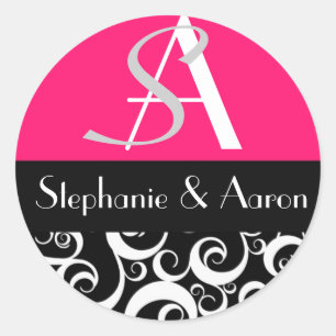 Sticker Rond Monogramme mariage damassé en noir et rose chaud