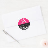 Sticker Rond Monogramme mariage damassé en noir et rose chaud (Enveloppe)