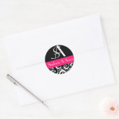 Sticker Rond Monogramme mariage damassé en noir et rose chaud (Enveloppe)