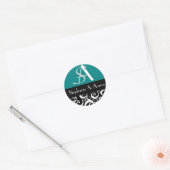 Sticker Rond Monogramme mariage damassé en noir et Turquoise (Enveloppe)