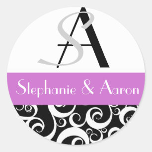 Sticker Rond Monogramme mariage damassé en noir et violet