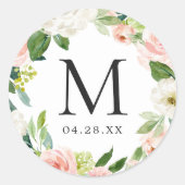 Sticker Rond Monogramme Mariage Date Blush Rose Floral Wreath (Devant)