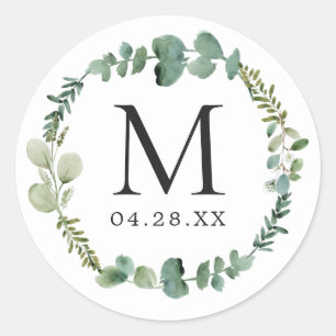 Sticker Rond Monogramme Mariage Date Eucalyptus Feuilles couron