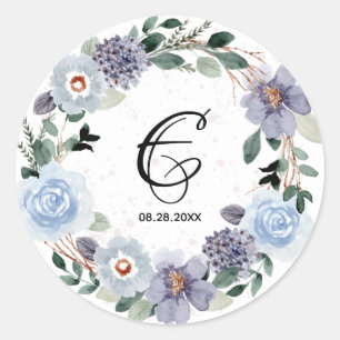 Sticker Rond Monogramme Mariage Date Purple Floral Wreath