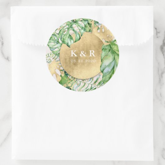 Sticker Rond Monogramme Mariage de feuillage doré tropical (Sac)