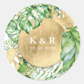 Sticker Rond Monogramme Mariage de feuillage doré tropical (Devant)