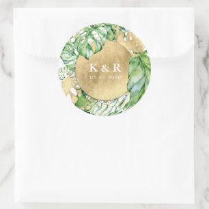 Sticker Rond Monogramme Mariage de feuillage doré tropical