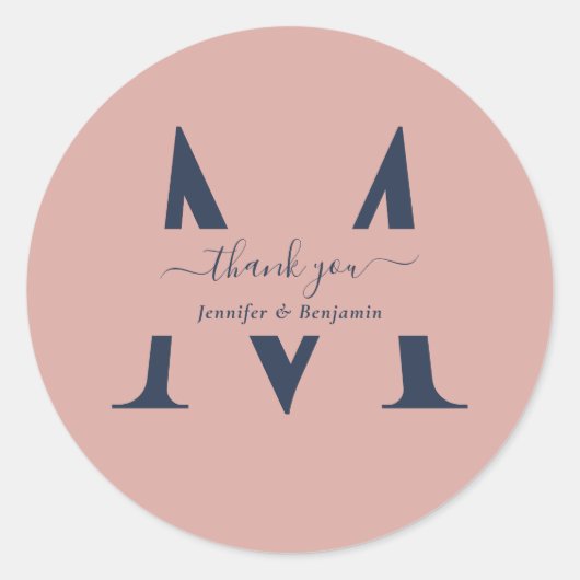 Sticker Rond Monogramme Mariage de la marine moderne bleu Blush (Devant)