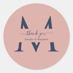 Sticker Rond Monogramme Mariage de la marine moderne bleu Blush