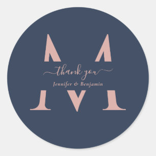 Sticker Rond Monogramme Mariage de la marine moderne bleu Blush