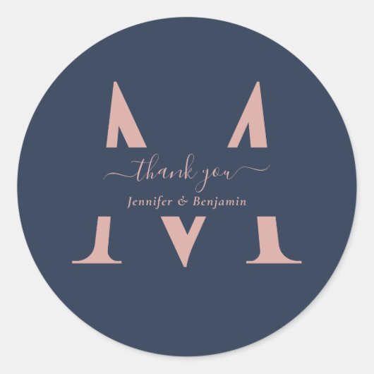 Sticker Rond Monogramme Mariage de la marine moderne bleu Blush (Devant)