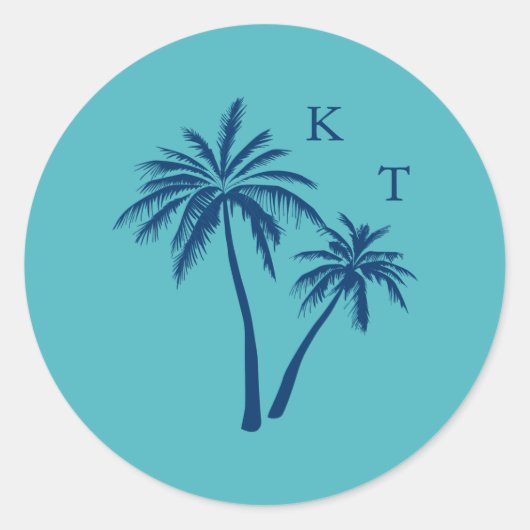 Sticker Rond Monogramme Mariage de palmier de plage tropicale (Devant)