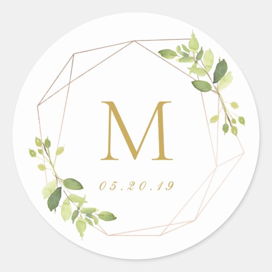Sticker Rond Monogramme Mariage de verdure géométrique moderne (Devant)