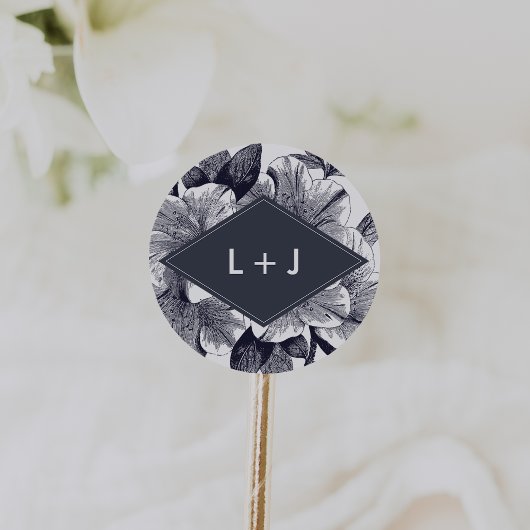 Sticker Rond Monogramme Mariage d'orchidée de minuit