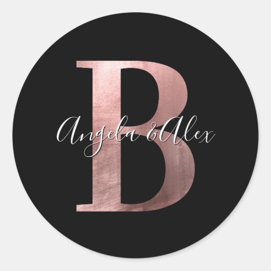 Sticker Rond Monogramme Mariage Noir B Or Rose Classique (Devant)