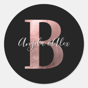 Sticker Rond Monogramme Mariage Noir B Or Rose Classique