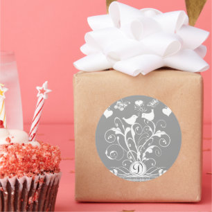 Sticker Rond Monogramme Mariage Oiseaux Cœurs Spirales Blanc su