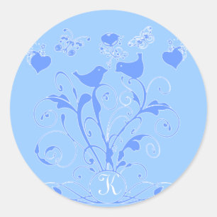 Sticker Rond Monogramme Mariage Oiseaux Cœurs Spirales Bleu