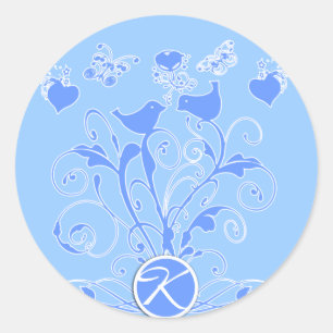 Sticker Rond Monogramme Mariage Oiseaux Cœurs Spirales Bleu