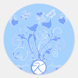 Sticker Rond Monogramme Mariage Oiseaux Cœurs Spirales Bleu Pou