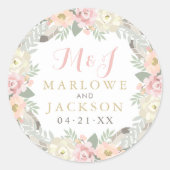 Sticker Rond Monogramme Mariage rose et or Floral Boho (Devant)