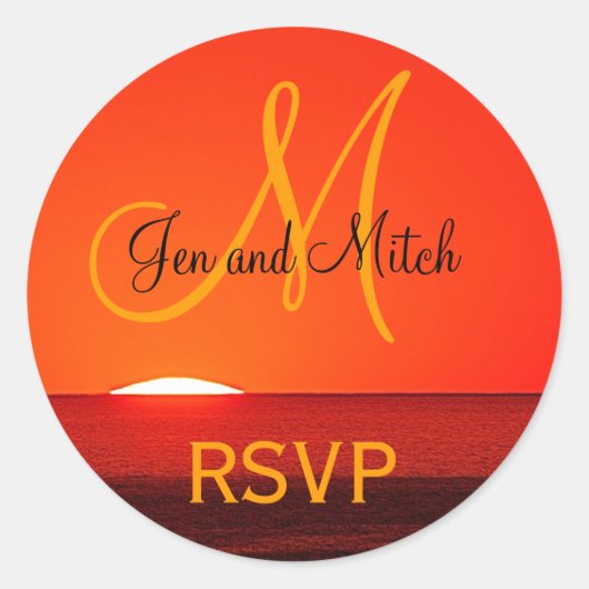 Sticker Rond Monogramme Mariage RSVP Sunset Photo (Devant)