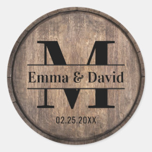 Sticker Rond Monogramme Mariage Rustic Grange Bois