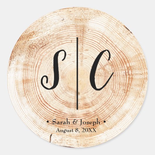 Sticker Rond Monogramme Mariage rustique Plaque de disque en bo (Devant)