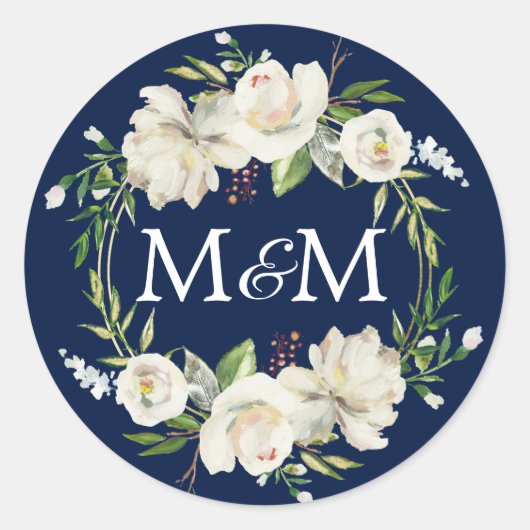 Sticker Rond Monogramme Marine Aquarelle bleu Blanc Floral Mari (Devant)