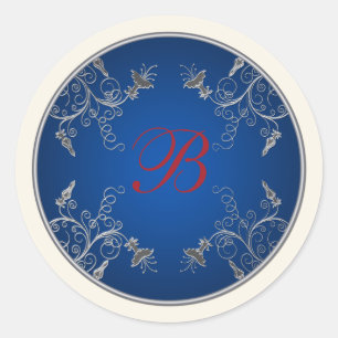 Sticker Rond Monogramme Marine, Ivoire, Rouge, Sticule floral a