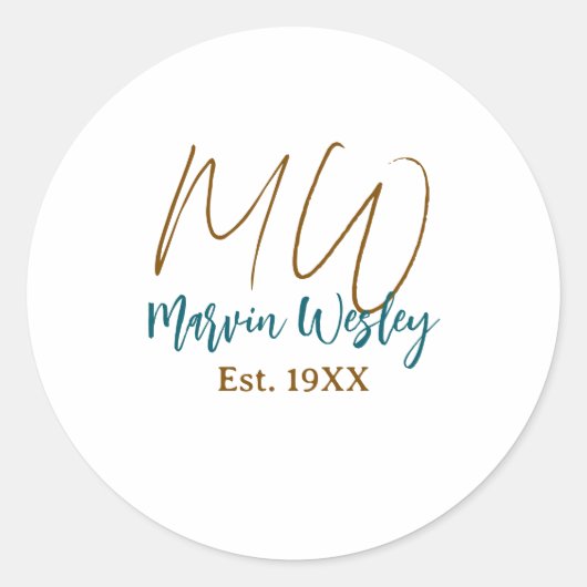 Sticker Rond Monogramme marron bleu turquoise année simple mini (Devant)
