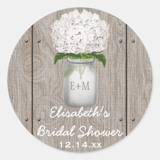 Sticker Rond Monogramme Mason Jar Blanc Hydrangea Fête des mari (Devant)