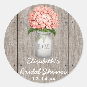Sticker Rond Monogramme Mason Jar Coral Hydrangea Fête des mari