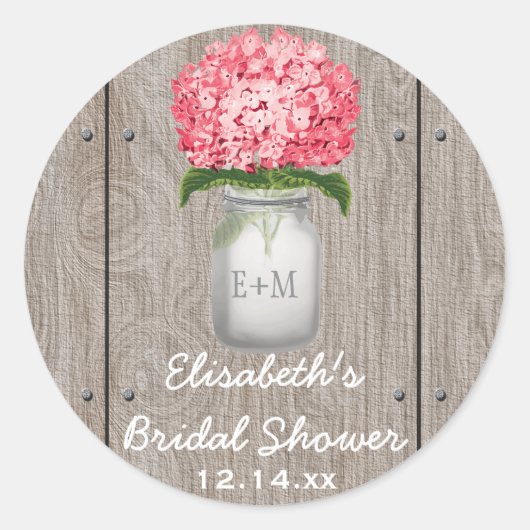 Sticker Rond Monogramme Mason Jar Fuchsia Hydrangea Fête des ma (Devant)