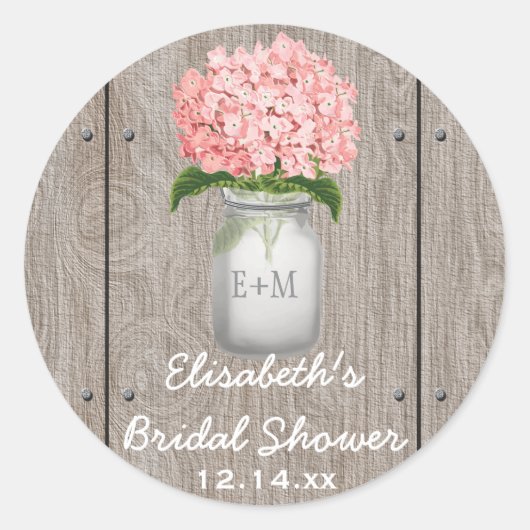 Sticker Rond Monogramme Mason Jar rose Hydrangea Fête des marié (Devant)
