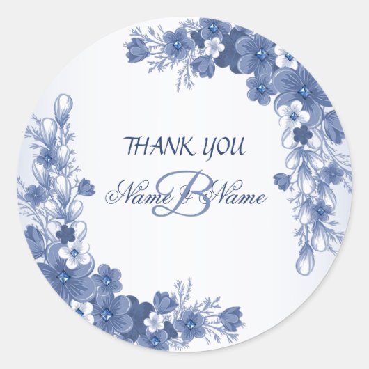 Sticker Rond Monogramme Merci de mariage Cadeau Floral bleu (Devant)