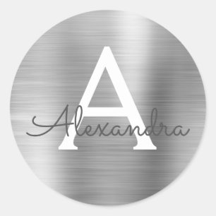 Sticker Rond Monogramme métallique moderne argent